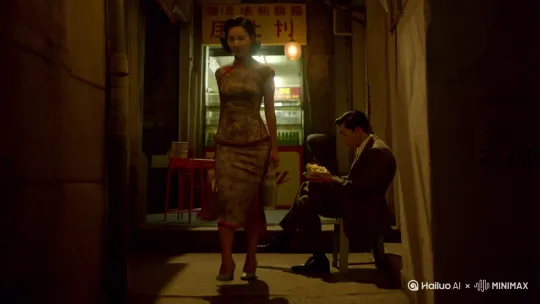 夜晚，狭窄小巷里光影斑驳。镜头跟随，一位穿旗袍的香港美女手提保温壶，身姿婀娜，在台阶上款步走来，伦勃朗光勾勒出她精致侧影。不远处云吞铺内，一个梳着油头、身着复古西装的男人正低头吃云吞。突然，一阵雾气弥漫，场景似被时光模糊。雾气散去，灯光昏黄依旧，美女与男人的身影在光影中交错。相机后拉，展现出这复古港风的小巷全貌，快速画面切换，如同王家卫电影般，诉说着旧时光里的隐秘故事。 by Hailuo AI Video Generator