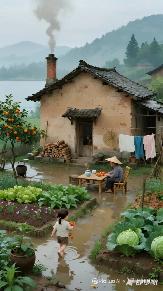 雨天乡村景致，远处山水朦胧、湖面静谧，近处小院里老人闲坐，孩童踩水，果蔬繁茂，满是烟火气 。 by Hailuo AI Video Generator
