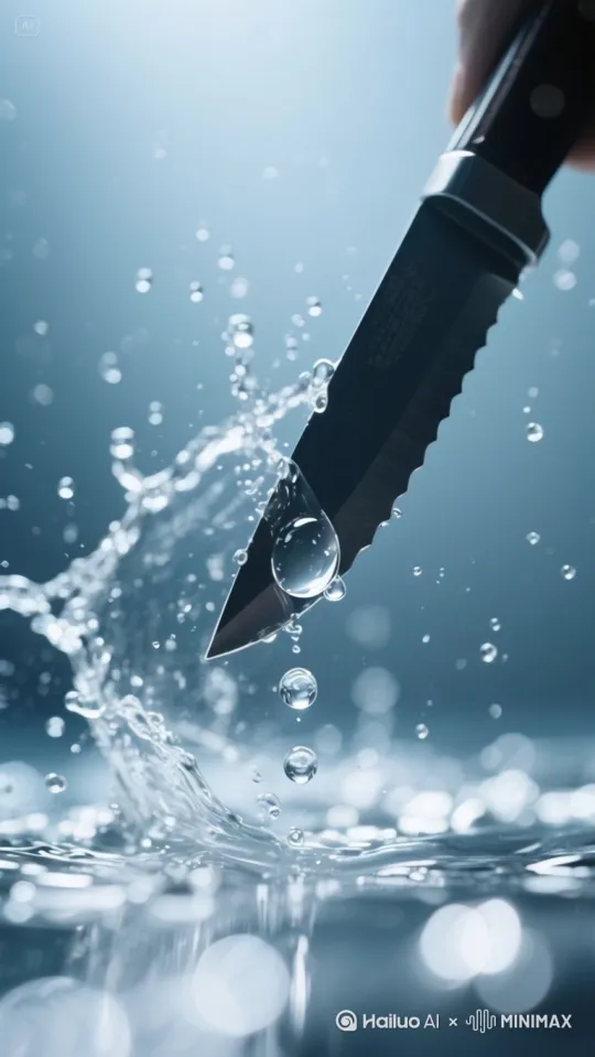 刀锋斩落→水珠一分为二→折射彩虹光斑[水滴悬停]→[超慢镜头]→[虹光特写] by Hailuo AI Video Generator