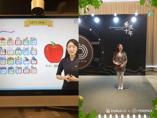 美女走出屏幕与右边美女拥抱 by Hailuo AI Video Generator
