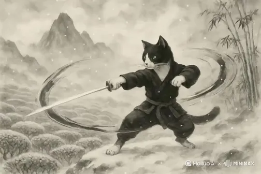 上传宠物照片，生成宠物化身江湖义士与龙虎搏斗的中国风视频。 by Hailuo AI Video Generator