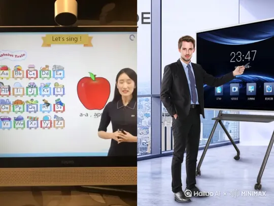 男生向左边的美女伸手做出邀请，女生高兴的从屏幕里跳出来，走到自己的屏幕前并与男生握手 by Hailuo AI Video Generator
