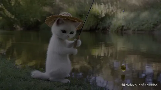 一只白色的小猫戴着草帽在河边坐着钓鱼，他认真的看着鱼漂，突然上钩了，水面上出现了水花，小白猫把钓竿提上来，钓竿上有一条大鱼，小白猫高兴的笑了 by Hailuo AI Video Generator