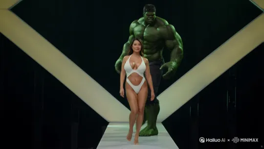一个丰满胸大，细腰的美丽性感亚州女人，性感妖娆的走在T型台上，她撩着过腰的长头，皮肤白润有光泽，穿着三点式内衣，都要撑破的感觉，她自信洒脱，年龄在四五十岁的样子，后面跟着一个皮肤幽黑发亮，身材高大，四肢发达的绿巨人，瞪着两只红眼睛。 by Hailuo AI Video Generator