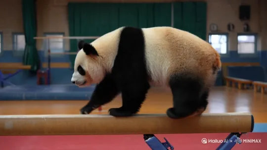 熊猫练习体操项目平衡木，翻筋斗很标准 by Hailuo AI Video Generator