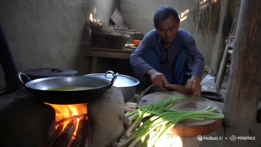 灶间烟火
 
柴火在灶膛里噼啪炸响，橘色火苗舔着锅底，映得王大伯沟壑纵横的脸忽明忽暗。他半蹲在灶口，布满老茧的手熟练地添进一截干树枝，火星子裹着灰烬扑簌簌往上蹿。他偏头躲过，又拿起竹筒吹了吹，火苗顿时腾得更高。
 
案板上的青蒜还沾着泥土，王大伯抄起菜刀，“咔咔咔”几刀便将蒜梗切成小段。铁锅“刺啦”冒起青烟，他抓着油壶往锅里淋了圈菜籽油，不等油热透就把青蒜和腌肉一股脑倒进去。木柄锅铲在他手中翻飞，肉片与蒜梗碰撞出诱人的香气，随着“当当”的翻炒声在厨房里散开。
 
掀开另一口大锅，白雾瞬间漫上来。王大伯垫着粗布将蒸笼端下，腾腾热气里，白面馒头裹着柴火香，在晨光中泛着温暖的光泽。[右移,左摇,跟随] by Hailuo AI Video Generator