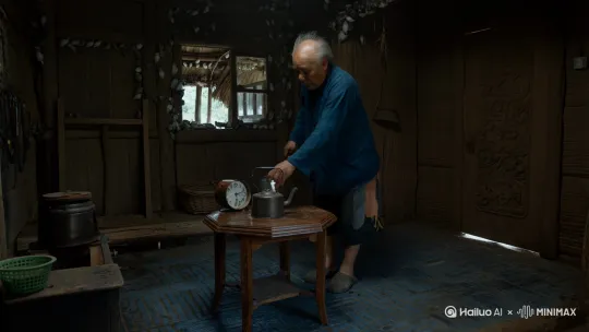 破晓时分
 
吱呀——
 
木门被推开的声响惊醒了晨雾。王大伯裹着泛白的蓝布衫立在门槛前，粗糙的掌心抹了把脸，指腹刮过胡茬发出沙沙的响动。他佝偻着背，踩过堂屋青砖时，棉鞋与地面摩擦出拖沓的脚步声，惊得梁上燕子扑棱棱地抖了抖翅膀。
 
老式闹钟在八仙桌上“滴答”作响，指针刚爬上五点。王大伯摸黑揭开灶台的铁壶，冰凉的井水灌进铝制水杯，仰头饮尽时喉结上下滚动，水珠顺着下巴滴在补丁摞补丁的衣襟上。他摸索着从墙角摸出草编鞋，枯树枝般的脚趾熟练地套进去，系麻绳时，指节因风湿微微蜷曲，却依旧利落地打了个紧实的结。
 
推开雕花木门，晨光裹着露水的气息扑面而来。王大伯深吸一口气，布满老茧的手拍了拍裤腿，转身朝牛棚走去，铁[右移,左摇,跟随] by Hailuo AI Video Generator