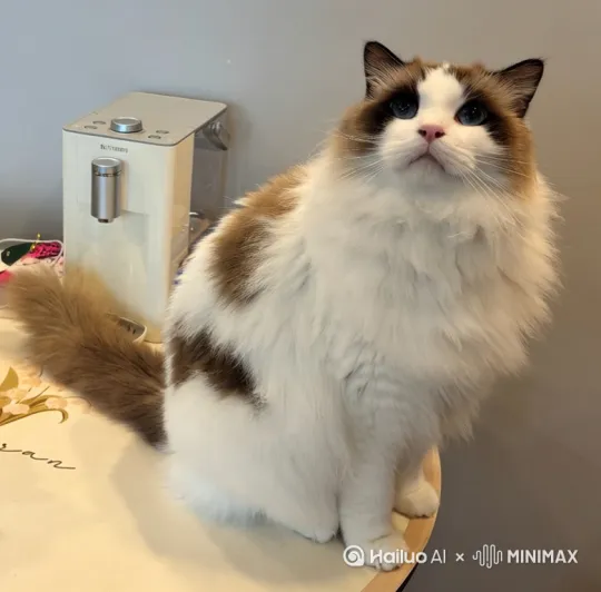 严格保持图片中这只猫的外貌特征不变，白色的底色，背部的右侧有两处深棕色的花纹，背部其他区域都还是白色的，尾巴也是深棕色的,头部的花纹也要保持这种很标准的布偶猫的双色面具花纹。让这只猫向前跃出，然后画面转到奥运会的跳水场景中，紧接着完成一套简单的跳水动作。 by Hailuo AI Video Generator