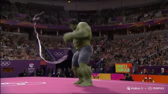 TV footage showed that at the Olympic Games, the Green Giant Hulk jumped out of a gymnastics ribbon routine that shocked the world.he Hulk by Hailuo AI Video Generator