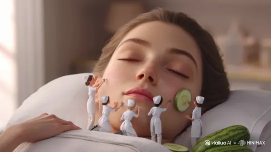 Tiny workers carefully and delicately give a facial treatment; suddenly, she opens her eyes, surprising them, and they jump in fright. by Hailuo AI Video Generator