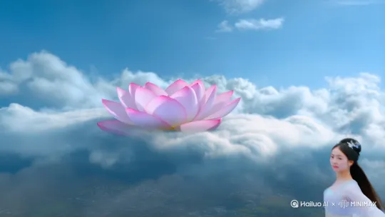 多层纱质汉服美女，20岁，向空中飞天而起，动作优美飘逸。空中一团白云，白云上有一朵硕大的浅粉色莲花，美女从画面右下角缓缓飞行至莲花上方，轻轻的落下，优雅的站在莲花上，俯瞰着地上的人间美景。优美的画面，唯美主义。 by Hailuo AI Video Generator