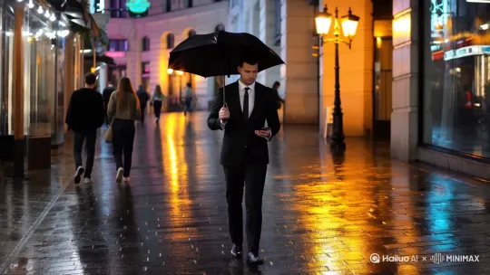 Image prompt: Businessman walking down a rainy city street. He’s wearing a black suit, holding an umbrella in one hand and a phone in the other, looking up at the streetlight with a serious expression. The sidewalk is wet, reflecting the city lights, and there are other people by Hailuo AI Video Generator