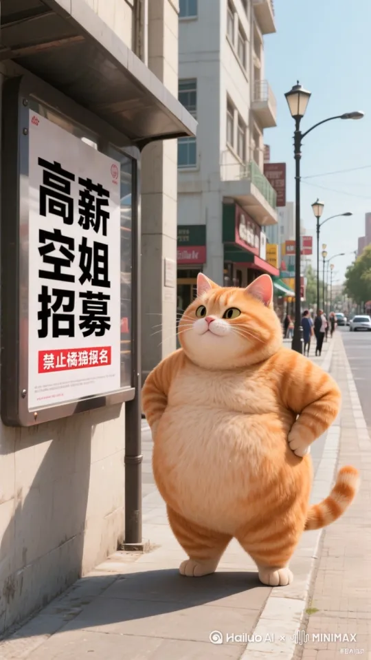 胖橘甩手走在路上，看到了海报叉腰站住，脸朝前大橘猫瞳孔闪过$$符号，爪子捂住嘴奸笑。 by Hailuo AI Video Generator