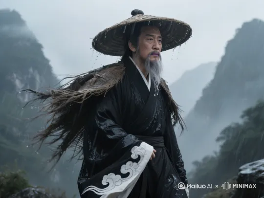 山风吹动男人的衣袖身后山峦雨雾茫茫，雨水打在男人身上让他有些瑟缩，但是他目光冷静的看着远方，镜头环绕男子旋转 by Hailuo AI Video Generator