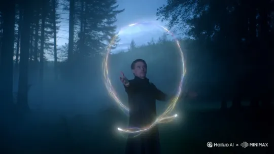 Tracking shot around a sorcerer casting spells, glowing string-like energy spirals from his hands, forming intricate magical patterns, in a misty forest at twilight. The strings pulse with light, tangling and unraveling mid-air. by Hailuo AI Video Generator