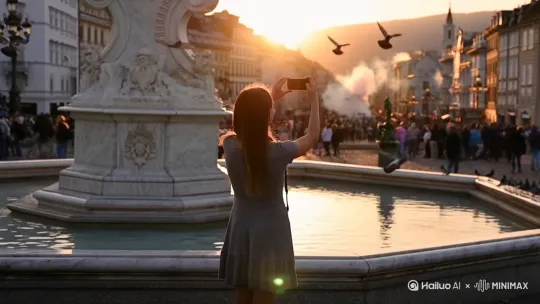 Same girl now in a crowded city square, standing with arms outstretched in front of marble fountain, pigeons flying around, sunset reflecting in water pools, time-lapse of sun rising behind mountain silhouette（延时日出，剪影效果）
golden hour backlighting hair edges（逆光发丝光晕）
volumetric fog slowly lifting from valley（雾气体积感动态）

人物动作：
turning body 45 degrees to frame shot（45度侧身取景）
adjusting camera aperture ring with fingertips（手动调焦的微动作）
occasional glances at phone screen for reference（看手机样张比对）

环境互动：
wind causing dress hemline to flutter（裙摆被风吹动）
loose hair strands floating across face（发丝飘过脸颊）
camera strap swaying with body movement（相机带随风摆动）holding a smartphone for selfie. by Hailuo AI Video Generator