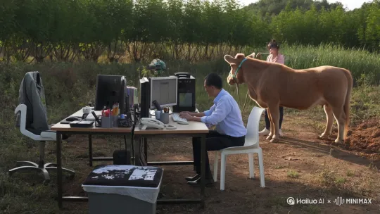一个牛在草地北京办公室加班用电脑拉磨，马在安慰牛，但是马骑在牛身上 by Hailuo AI Video Generator
