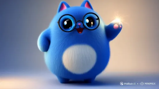 帮我生成视频：一只群拟人化的蓝色胖猫（全身蓝色胸前椭圆形白毛区）圆滚滚的身体，粉色耳朵内侧加鼻头微张的樱桃小嘴，夸张的大圆眼带着黑色内框眼镜（镜片有蓝色光晕），手里拿着火花，在有节奏的跳，嘴里还唱着 by Hailuo AI Video Generator
