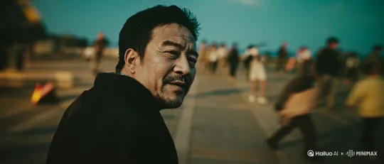 镜头缓缓向前推，对焦到脸，男人笑了一声，镜头固定在笑脸特写。然后男人转过头去 by Hailuo AI Video Generator
