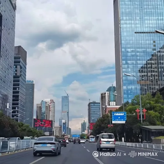 视角为车内视角，车辆行驶，旁边的车辆有城市公交车驶过，速度不要太快，云朵正常变化，有微风，景观随车辆移动而变化。 by Hailuo AI Video Generator