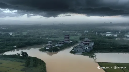 广角远拍，灰黑色的天空乌云翻滚伴随着淅淅沥沥的雨，几道锯齿状闪电撕裂天幕，暴雨倾盆而下。镜头随着雨移动，浑浊洪水冲向房屋与良田（房屋参考古代建筑），电影写实质感。 by Hailuo AI Video Generator