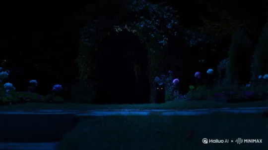 午夜深沉，花园浸在浓稠的夜色里，花影幢幢，轮廓模糊。唯有几缕稀薄的星光穿透叶隙，在石板小径上投下斑驳的光痕。一只黑猫如同滑动的墨迹，从藤蔓缠绕的拱门下无声显现。它的双眼是两点凝滞的琥珀，在暗处幽幽燃烧，扫视着沉睡的花丛。它沿着冰冷的石阶轻盈潜行，足爪踏过之处，连月光也仿佛被吸纳，身形完美地隐没在每一片摇曳的暗影之中，宛若这片领地悄然游走的夜之精魂。 by Hailuo AI Video Generator