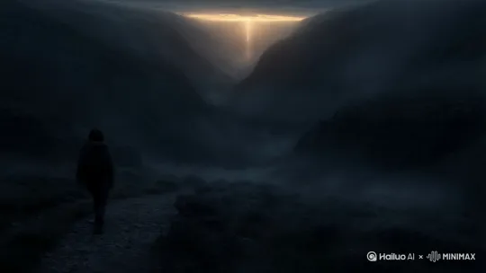 在天上的那一位是我的牧者，我必不至缺乏。他使我躺卧在青草地上，领我在可安歇的水边；他使我的灵魂苏醒，为自己的名引导我走义路。我虽然行过死荫的幽谷，也不怕遭害，因为你与我同在；你的杖，你的竿，都安慰我。在我敌人面前，你为我摆设筵席；你用油膏了我的头，使我的福杯满溢。我一生一世必有恩惠慈爱随着我，我且要住在他的殿中，直到永远。[左移,上升] by Hailuo AI Video Generator