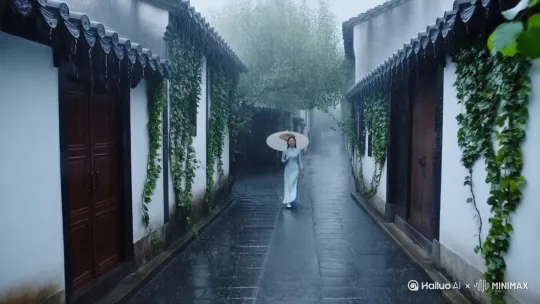 江江南雨巷，广角缓推，大雨中，青石板路积水，白墙黛瓦爬藤，雨幕朦胧，淡青色旗袍女子，撑油纸伞，行于巷中，氛围冷色调静谧，诗意 by Hailuo AI Video Generator