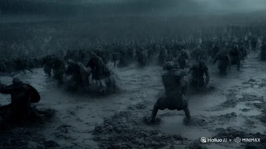 [拉远,晃动]二军交战！大雨倾盆！上千士兵交锋激战 by Hailuo AI Video Generator