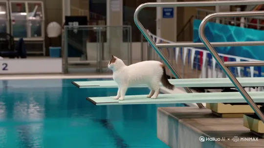 televised footage of a cat is doing an acrobatic dive into a swimming pool at the olympics, from a 10m high diving board, flips and spins by Hailuo AI Video Generator