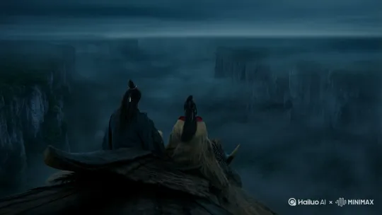 墨白和天青坐在鲲身上傲游在幽灵谷，突然幽灵谷打开一道光芒，瞬间整个幽灵谷一片祥和，墨白和天青从鲲身上飞出，飞向更美的世界！ by Hailuo AI Video Generator