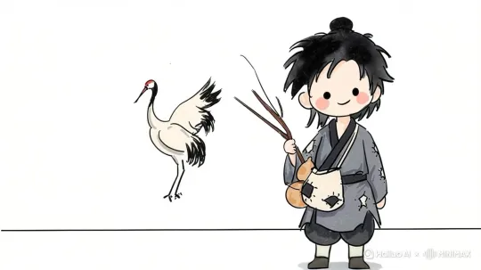 道士手持竹竿在墙上画出丹顶鹤，丹顶鹤的线条显现出来，固定镜头 by Hailuo AI Video Generator