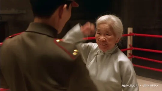 生成一位白发苍苍、面容和蔼慈祥的中国老奶奶，在拳击擂台互打一个身穿日本军装的日本人，要求运镜多角度，打架过程要用到腿，拳头，头等打击动作 by Hailuo AI Video Generator
