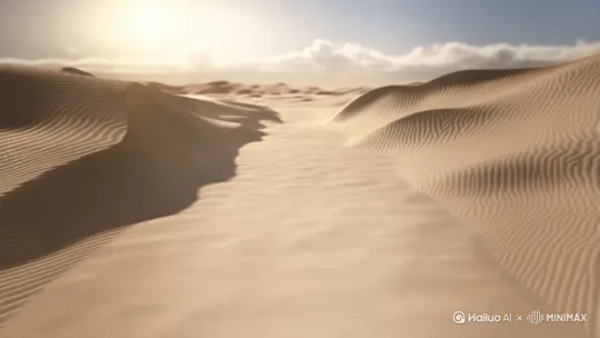 镜头从远景的古代丝绸沙漠丝路古道缓缓拉近，古道上的细沙在阳光下闪烁着光芒，逐渐变成无数金色的粒子在空中飘动。这些金色粒子仿佛被无形的力量牵引，向画面正中心汇聚转场，最终凝聚成一块浅白黄浅绿色的田玉璧，静静地立在古朴的木桌上。玉璧上的玉纹中，金色的粒子如同流动的数据流，不断闪烁着神秘的光芒。镜头继续移动，穿梭过玉璧之中，逐渐展现出现代实验室的轮廓，实验台上摆放着精密的仪器，光线柔和而充满科技感。整个场景从古朴到现代，充满故事叙述感，蒙太奇手法将时间的流转和文化的传承完美融合 by Hailuo AI Video Generator