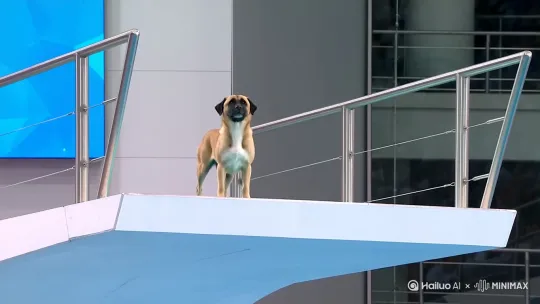 电视镜头显示一只中华田园犬在奥运会上从10米高的跳台跳入游泳池，进行407C高难度动作：2.3米腾空高度、980度/秒旋转、0.8米入水涟漪 by Hailuo AI Video Generator