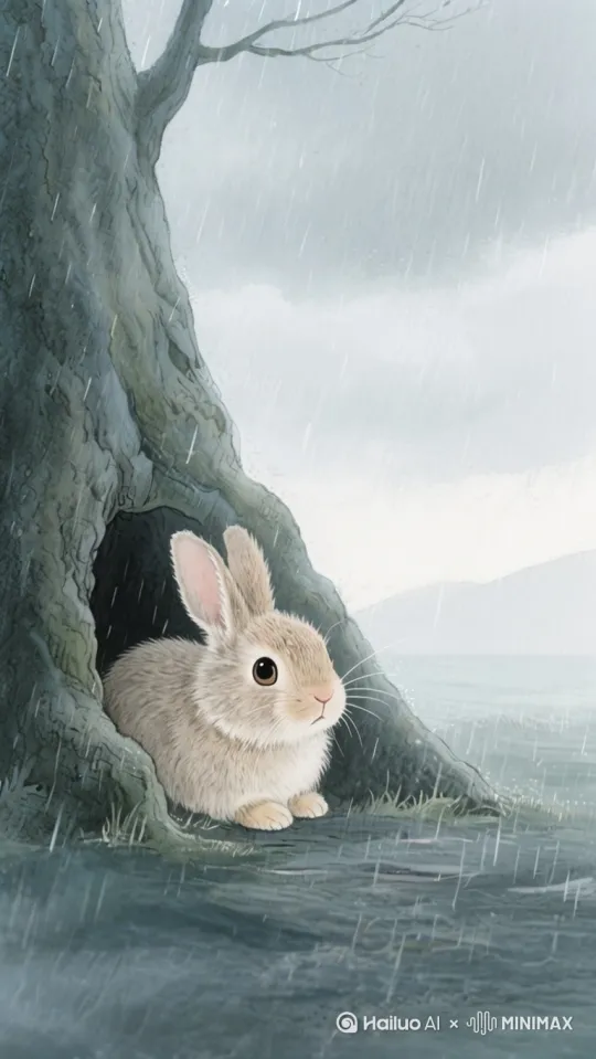 帮我生成一个视频：大雨不停的在下着，兔子勇敢的从树洞中立起来，跳出了树洞，水彩颜料般的天光随着兔子的跳动开始在云层间晕染出浅金与淡紫。镜头拉远成全景，一道七彩霓虹从湿润的树冠上方舒展而开，绚丽的色彩与初晴的霞光在天际流淌。周边的花草树木都在争相开放，展现着大自然磅礴的生机，兔子在草地上欢快的跳着，旁白坚定有力：“请相信，风雨终将过去，美好定会如期而至。”。比例 9:16。 by Hailuo AI Video Generator