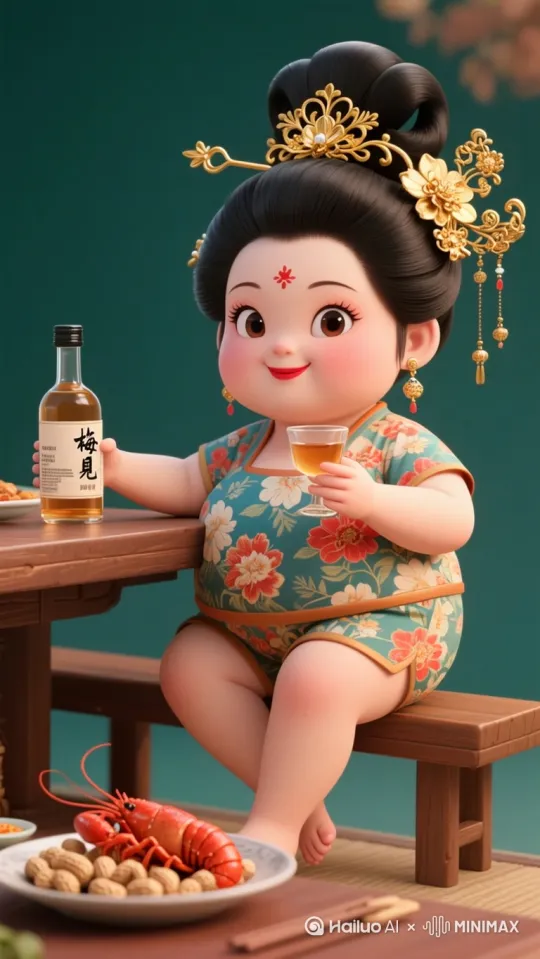 让人物说起话来，[推出,上升,下摇]小酌梅见，古韵与烟火相融。看花生、龙虾相伴，借微醺挣脱喧嚣，明白喝酒是让心暂歇，在当下寻得自在欢喜 。 by Hailuo AI Video Generator
