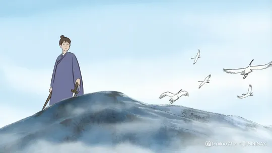 中国水墨动画，一位英姿飒爽、身着简单的紫袍的青少年（手持龙泉剑)独立寒山之巅，水墨晕染的鹤群飞过，少年剑指苍穹，苍穹泛起墨色涟漪扩散 by Hailuo AI Video Generator