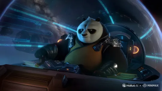 一只威严的熊猫驾驶航天母舰，画风参考《权力的游戏》的史诗奇幻风格，氛围宏大，熊猫穿着未来铠甲，光影戏剧性强，背景细致，逼真。 by Hailuo AI Video Generator