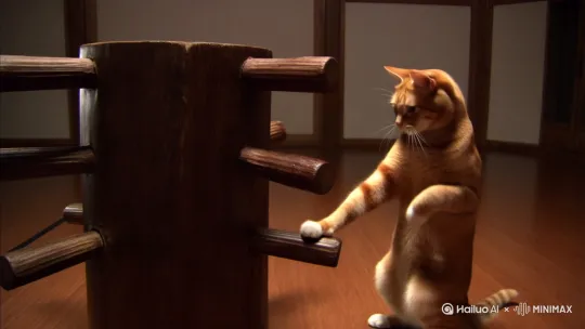 一只猫用木人桩练习咏春拳 by Hailuo AI Video Generator