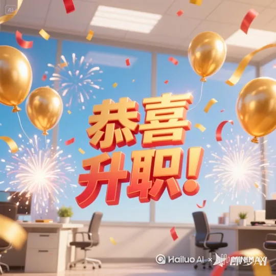 阳光闪耀的办公室背景，金色气球和彩带飘落，3D卡通风格。中央浮现‘恭喜升职！’立体文字（红金渐变），，两侧虚拟礼花爆炸。背景轻快音乐，5秒节奏， by Hailuo AI Video Generator