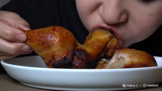 Realistic 4K footage close-up of a person munching heartily on a tender and juicy roasted chicken leg on a clean plate. They emit satisfied chewing sounds. The inside of the roasted chicken leg is also juicy meat. The sound is ASMR style. by Hailuo AI Video Generator