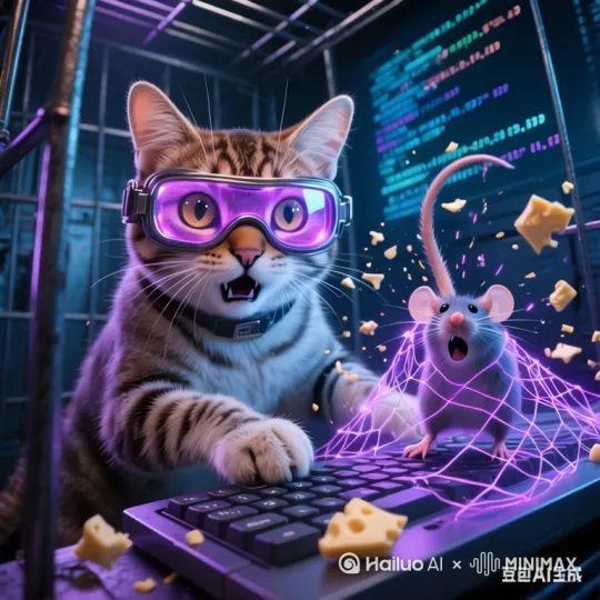 •	景别：特写

	•	画面：画面聚焦在一只戴着护目镜的美短银虎斑猫身上，它正坐在纸箱改造的电脑前，疯狂地敲打着键盘。护目镜反射出五彩的光芒，周围满屏浮动着代码，代码像是用鱼线悬挂起来的纸条，营造出赛博朋克的氛围。

	•	运镜：镜头从键盘上的手指开始，慢慢上移，展现出猫专注的神情和反光的护目镜
景别：中景

	•	画面：在猫的旁边，一个用纸箱搭建的铁笼突然爆出紫色的粒子光网，光网像是由彩色灯泡和鱼线组成，闪烁着科幻全息的效果。

	•	运镜：镜头从猫身上平移到铁笼，展现光网爆发的瞬间。
•	画面：一只老鼠的尾巴被光网缠住，奶酪渣像爆米花一样飞溅出来，老鼠脸上露出夸张惊恐的表情，它的身体试图挣扎逃脱。

	•	运镜：镜头固定在老鼠身上，突出它的表情和奶酪渣飞溅的效果。 by Hailuo AI Video Generator