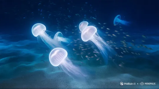 深海细沙与游鱼清晰可见，波动时泛起细细的涟漪，犹如一幅生动的画卷。发光的水母在海里游动 by Hailuo AI Video Generator