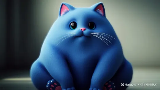 3D动画风格，画面主体是一只蓝色的胖猫，耳朵内侧为粉色。，有着白色的胡须和粉色的鼻子 by Hailuo AI Video Generator