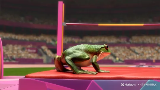 televised footage of a goliath frog is competing in the high jump at the olympics, launching itself into the air with powerful legs and clearing the bar with perfect form. There is commentary (not slow motion) by Hailuo AI Video Generator
