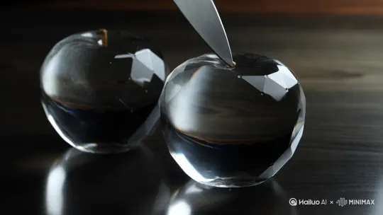 一把刀切一个水晶苹果，旁边还有一个水晶苹果 by Hailuo AI Video Generator