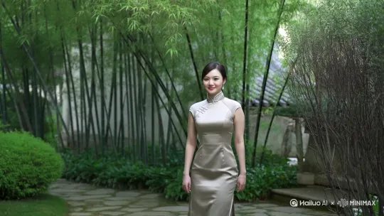 一个具有东方女性美感的少女，穿着旗袍。边走边对着镜头笑 by Hailuo AI Video Generator