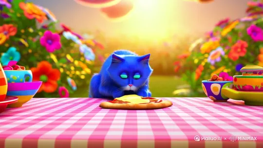 一只一只蓝色的猫在吃披萨 by Hailuo AI Video Generator