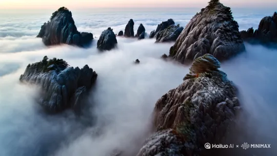 全景：混沌黎明，花果山云海翻涌，奇石沐风浴露   
运镜：航拍缓推
声音设计:低频嗡鸣+风声 by Hailuo AI Video Generator